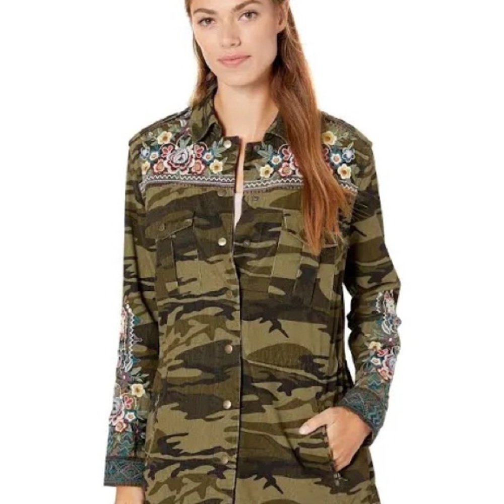 Johnny Was Raquel Military Embroidered Camouflage Jacket